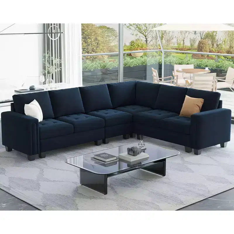 Canapé d'angle modulable 6 places en velours capitonné Belffin avec pouf de rangement