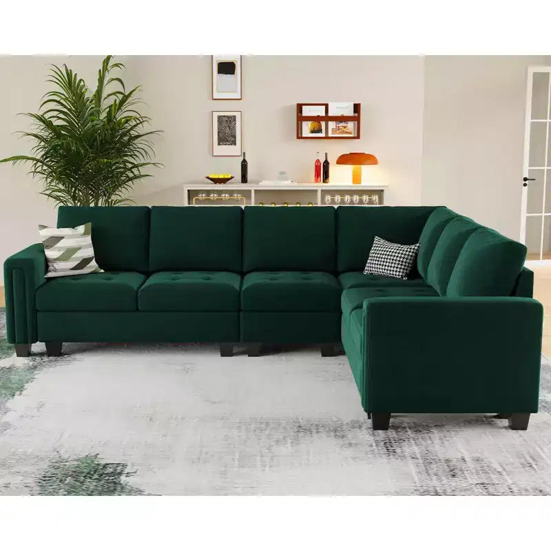 Canapé d'angle modulable 6 places en velours capitonné Belffin avec pouf de rangement