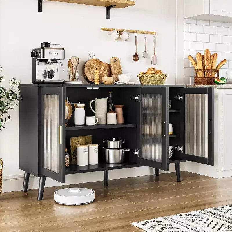 Buffet vaisselier, buffet noir de 121 cm, buffet de cuisine moderne avec porte vitrée et étagères amovibles