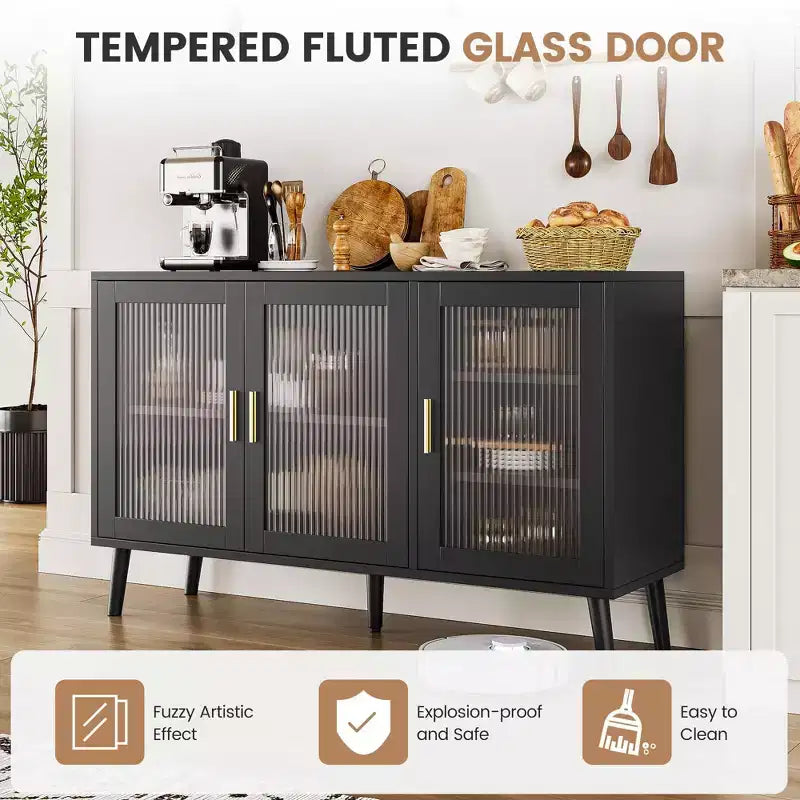 Buffet vaisselier, buffet noir de 121 cm, buffet de cuisine moderne avec porte vitrée et étagères amovibles