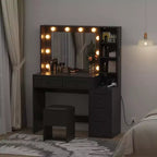 Coiffeuse avec tabouret, Coiffeuse avec lumières, Ensemble de coiffeuse avec station de recharge, tiroirs et étagères de rangement cachées