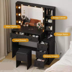 Coiffeuse avec tabouret, Coiffeuse avec lumières, Ensemble de coiffeuse avec station de recharge, tiroirs et étagères de rangement cachées