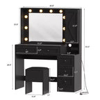 Coiffeuse avec tabouret, Coiffeuse avec lumières, Ensemble de coiffeuse avec station de recharge, tiroirs et étagères de rangement cachées