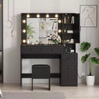 Coiffeuse avec tabouret, Coiffeuse avec lumières, Ensemble de coiffeuse avec station de recharge, tiroirs et étagères de rangement cachées