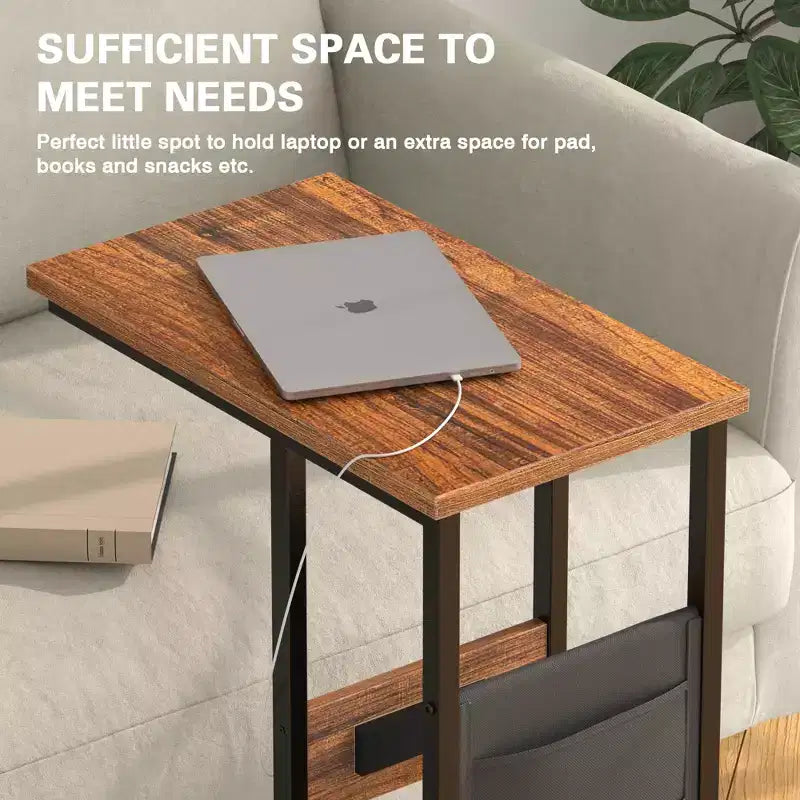VECELO Lot de 2 tables basses gigognes, tables réglables pour salon, ensemble de tables gigognes avec ports USB et roulettes, marron