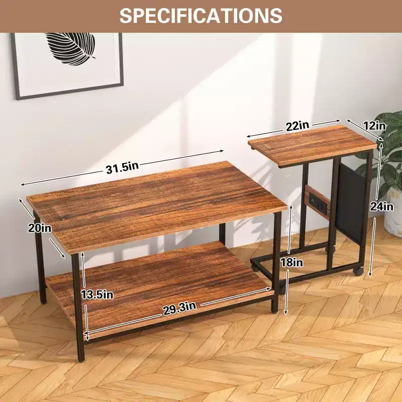 VECELO Lot de 2 tables basses gigognes, tables réglables pour salon, ensemble de tables gigognes avec ports USB et roulettes, marron
