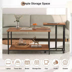 VECELO Lot de 2 tables basses gigognes, tables réglables pour salon, ensemble de tables gigognes avec ports USB et roulettes, marron