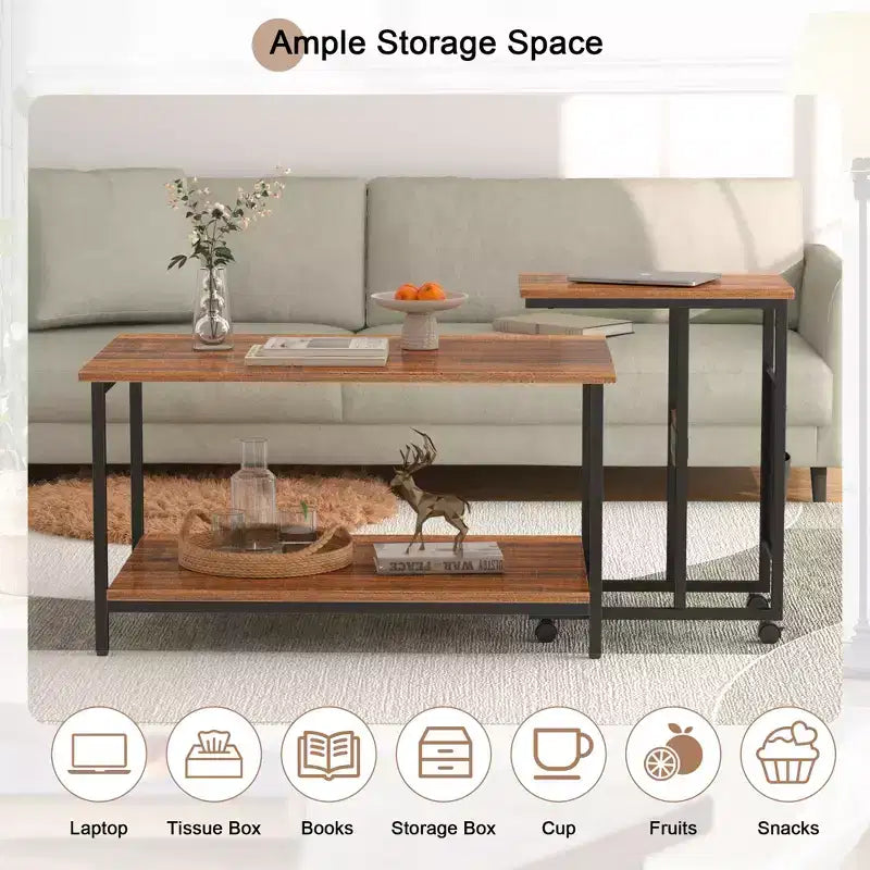 VECELO Lot de 2 tables basses gigognes, tables réglables pour salon, ensemble de tables gigognes avec ports USB et roulettes, marron