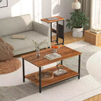 VECELO Lot de 2 tables basses gigognes, tables réglables pour salon, ensemble de tables gigognes avec ports USB et roulettes, marron