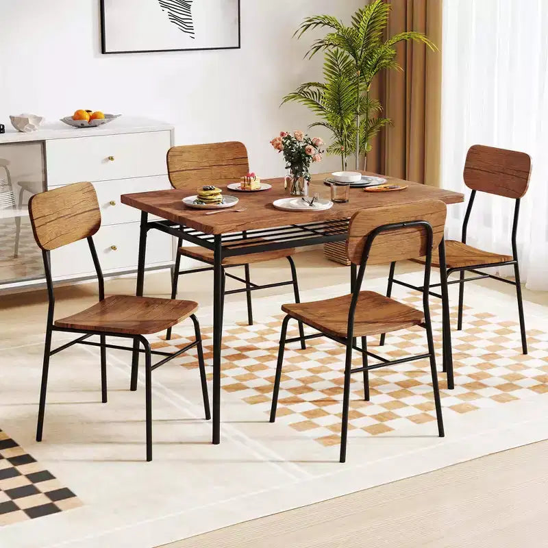 Ensemble table et 4 chaises de cuisine carrées Costway 5 pièces en bois avec étagère de rangement à cadre métallique