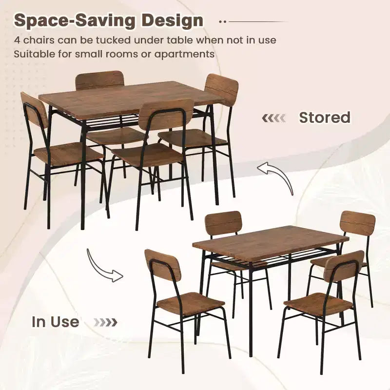 Ensemble table et 4 chaises de cuisine carrées Costway 5 pièces en bois avec étagère de rangement à cadre métallique