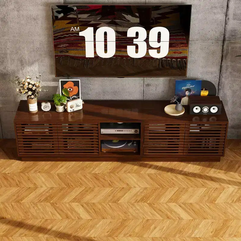 Meuble TV console multimédia Famapy en marron rustique à lattes avec grand espace de rangement