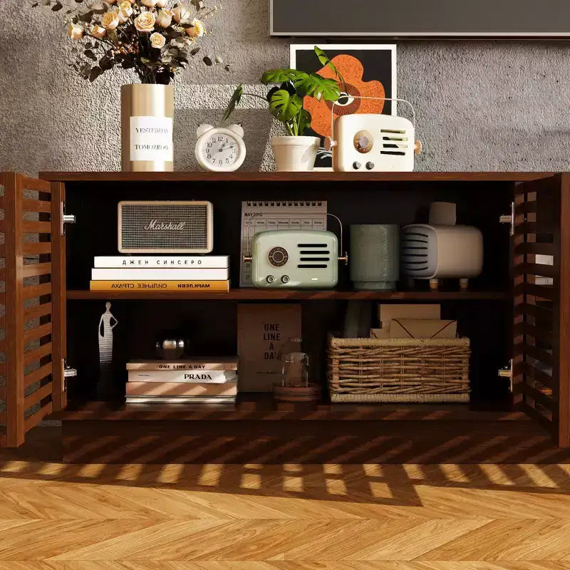 Meuble TV console multimédia Famapy en marron rustique à lattes avec grand espace de rangement