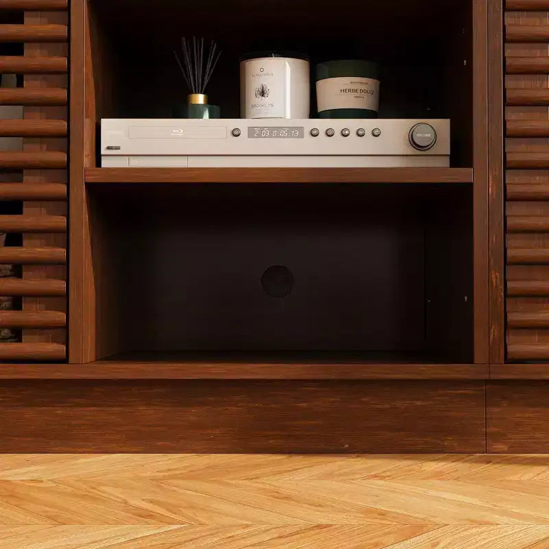 Meuble TV console multimédia Famapy en marron rustique à lattes avec grand espace de rangement