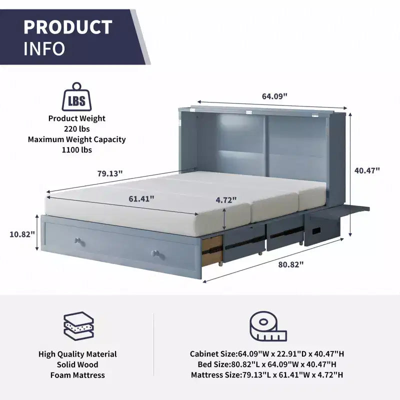 Lit escamotable Mjkone Queen Size avec chargement USB, tiroir de rangement et matelas