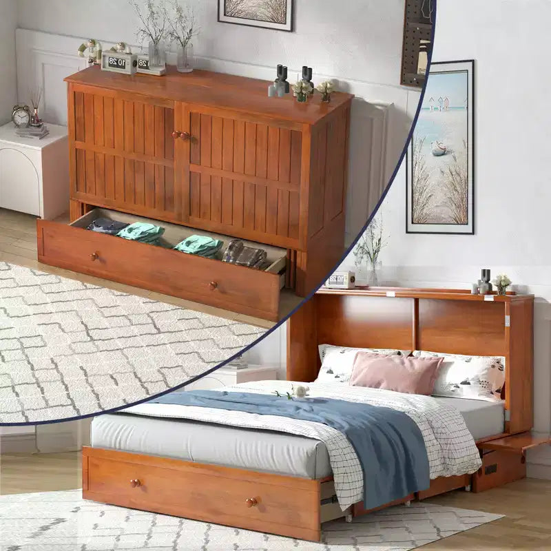 Lit escamotable Mjkone Queen Size avec chargement USB, tiroir de rangement et matelas
