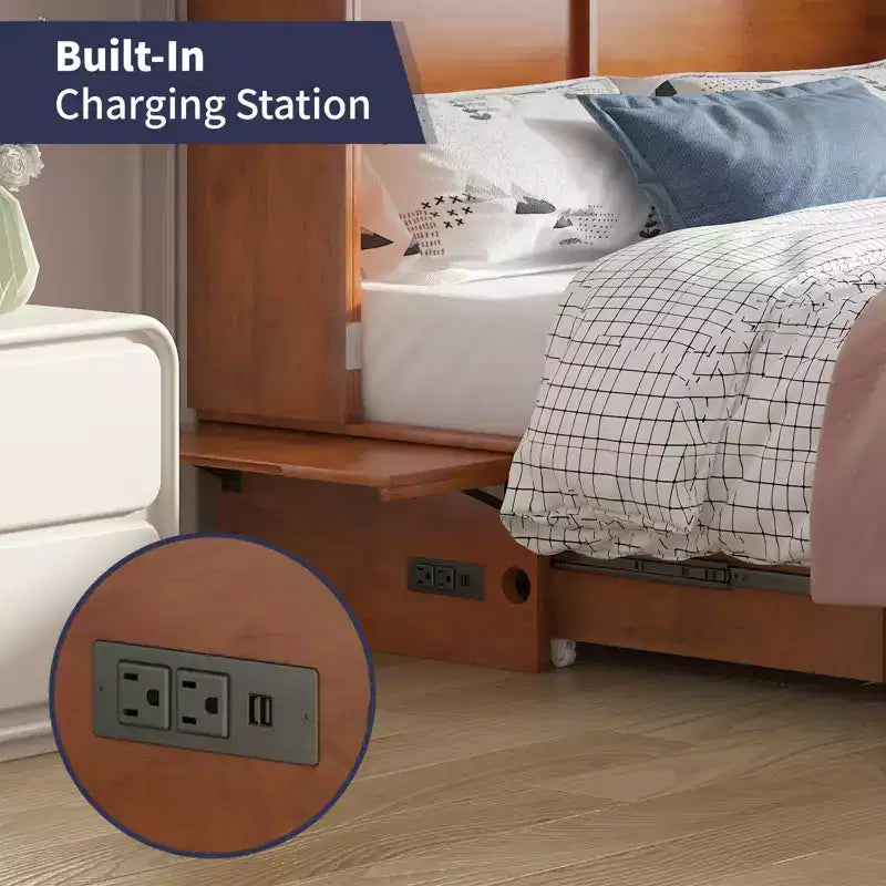 Lit escamotable Mjkone Queen Size avec chargement USB, tiroir de rangement et matelas