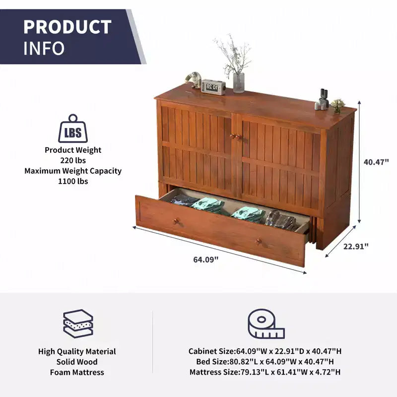Lit escamotable Mjkone Queen Size avec chargement USB, tiroir de rangement et matelas