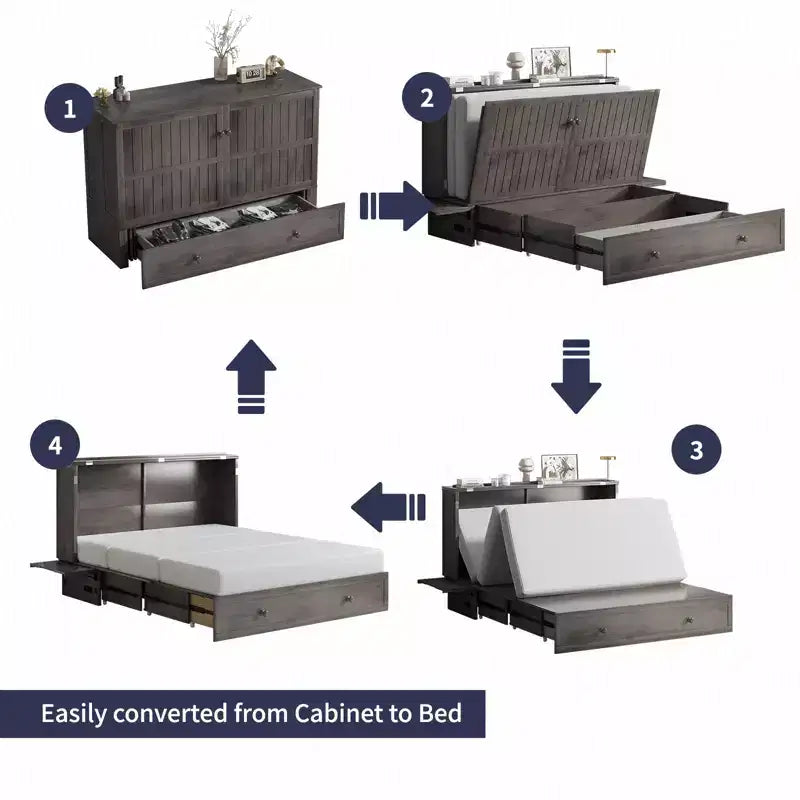 Lit escamotable Mjkone Queen Size avec chargement USB, tiroir de rangement et matelas