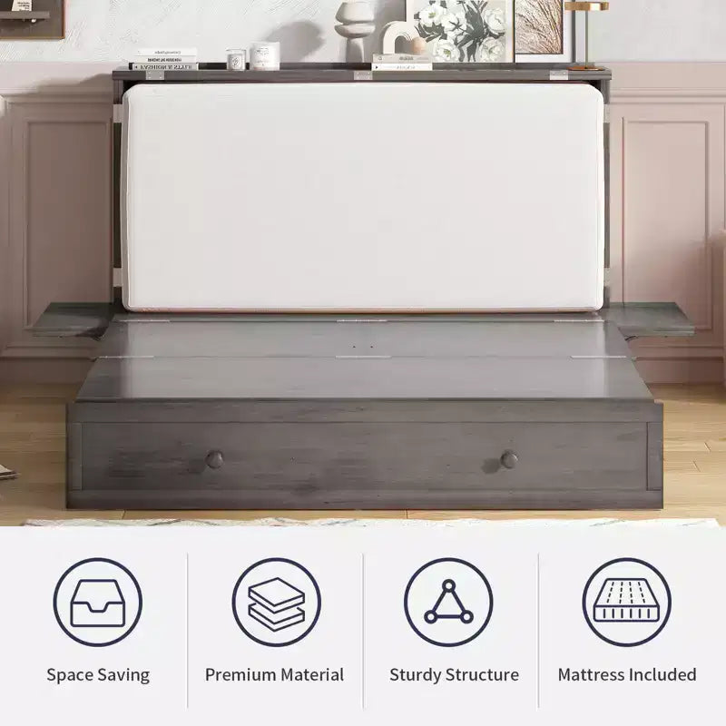 Lit escamotable Mjkone Queen Size avec chargement USB, tiroir de rangement et matelas