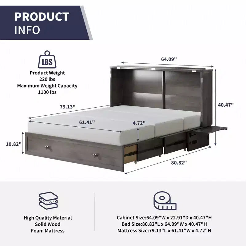 Lit escamotable Mjkone Queen Size avec chargement USB, tiroir de rangement et matelas