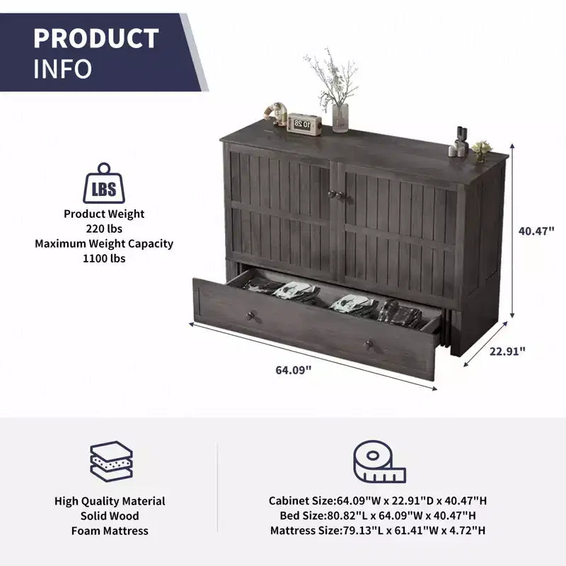 Lit escamotable Mjkone Queen Size avec chargement USB, tiroir de rangement et matelas