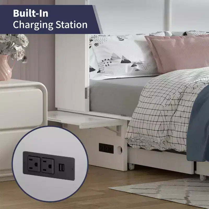Lit escamotable Mjkone Queen Size avec chargement USB, tiroir de rangement et matelas