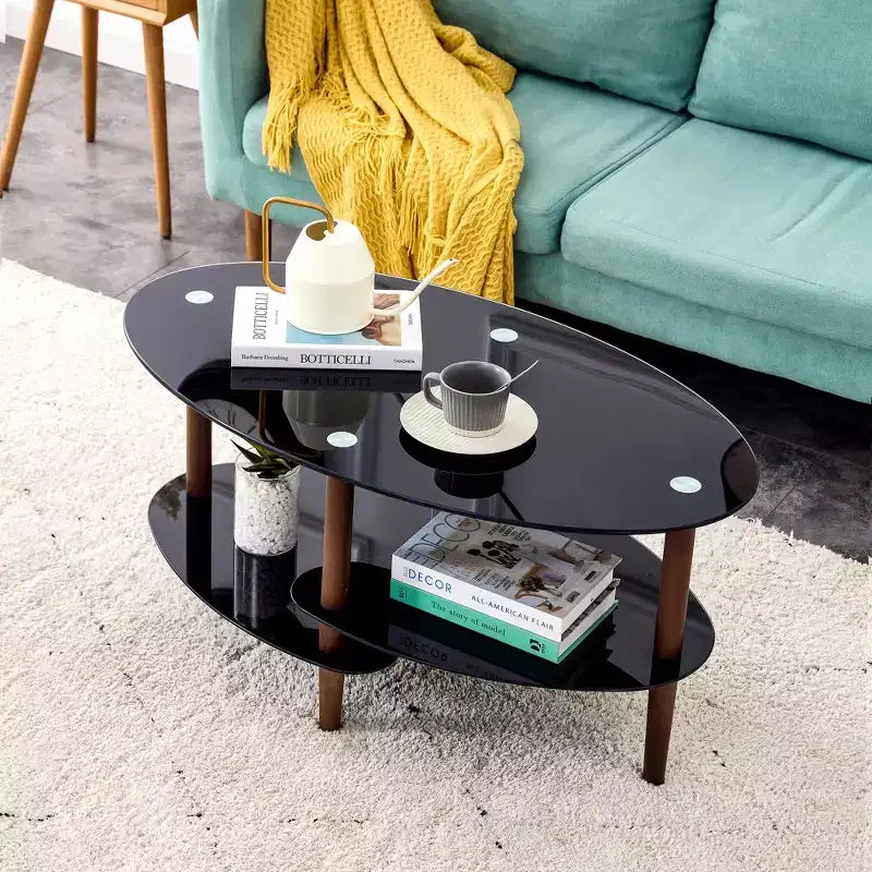 Table basse en verre Table basse ovale Table basse de salon moderne Table d'appoint avec plateau transparent/noir-ModernLuxe