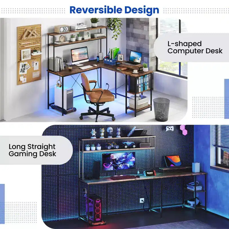Bureau de jeu en forme de L Costway avec bande LED et prises de courant, étagère supérieure, support d'écran, support de tour d'ordinateur Marron/Noir/Gris