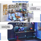 Bureau de jeu en forme de L Costway avec bande LED et prises de courant, étagère supérieure, support d'écran, support de tour d'ordinateur Marron/Noir/Gris