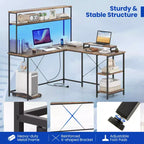 Bureau de jeu en forme de L Costway avec bande LED et prises de courant, étagère supérieure, support d'écran, support de tour d'ordinateur Marron/Noir/Gris
