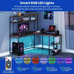 Bureau de jeu en forme de L Costway avec bande LED et prises de courant, étagère supérieure, support d'écran, support de tour d'ordinateur Marron/Noir/Gris