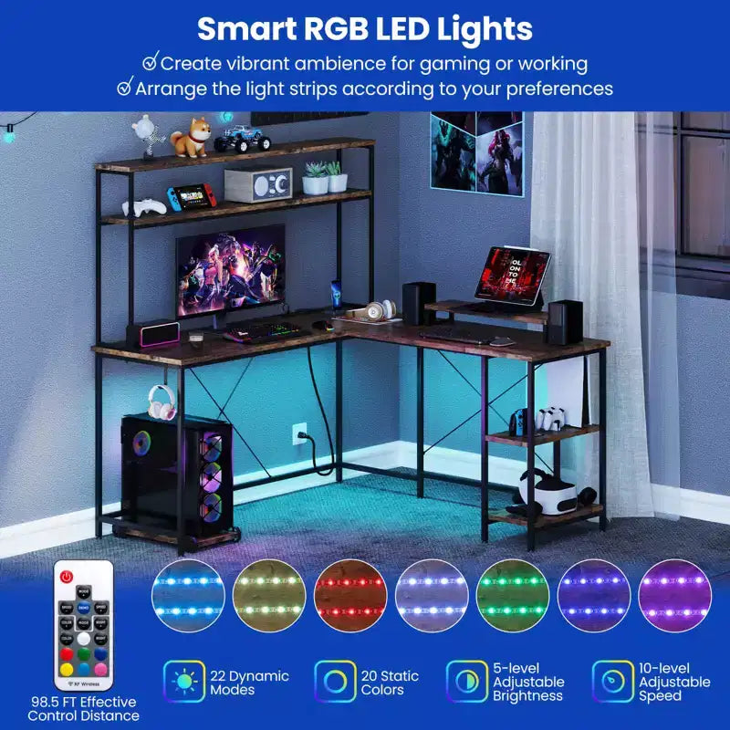 Bureau de jeu en forme de L Costway avec bande LED et prises de courant, étagère supérieure, support d'écran, support de tour d'ordinateur Marron/Noir/Gris