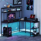 Bureau de jeu en forme de L Costway avec bande LED et prises de courant, étagère supérieure, support d'écran, support de tour d'ordinateur Marron/Noir/Gris