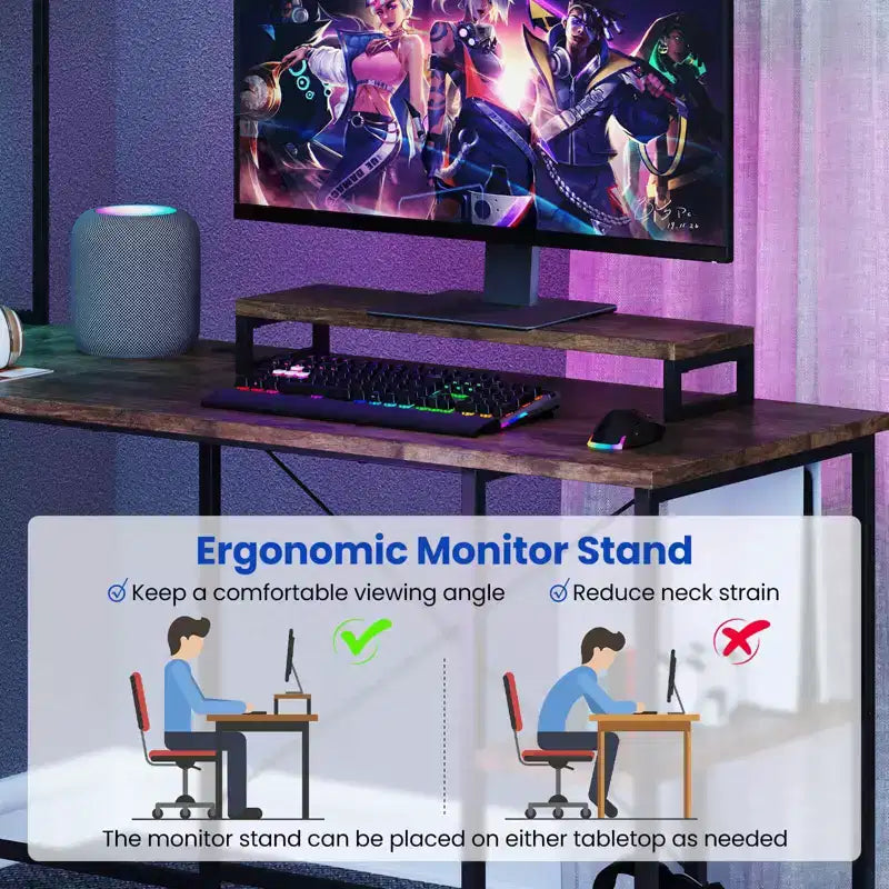 Bureau de jeu en forme de L Costway avec bande LED et prises de courant, étagère supérieure, support d'écran, support de tour d'ordinateur Marron/Noir/Gris