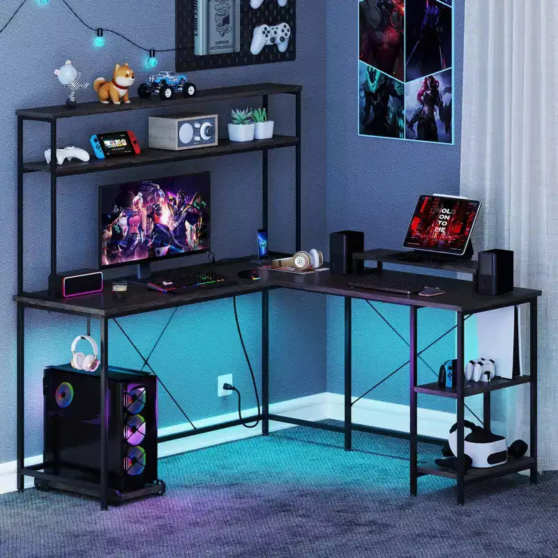 Bureau de jeu en forme de L Costway avec bande LED et prises de courant, étagère supérieure, support d'écran, support de tour d'ordinateur Marron/Noir/Gris