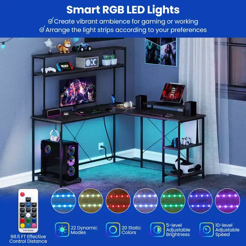 Bureau de jeu en forme de L Costway avec bande LED et prises de courant, étagère supérieure, support d'écran, support de tour d'ordinateur Marron/Noir/Gris