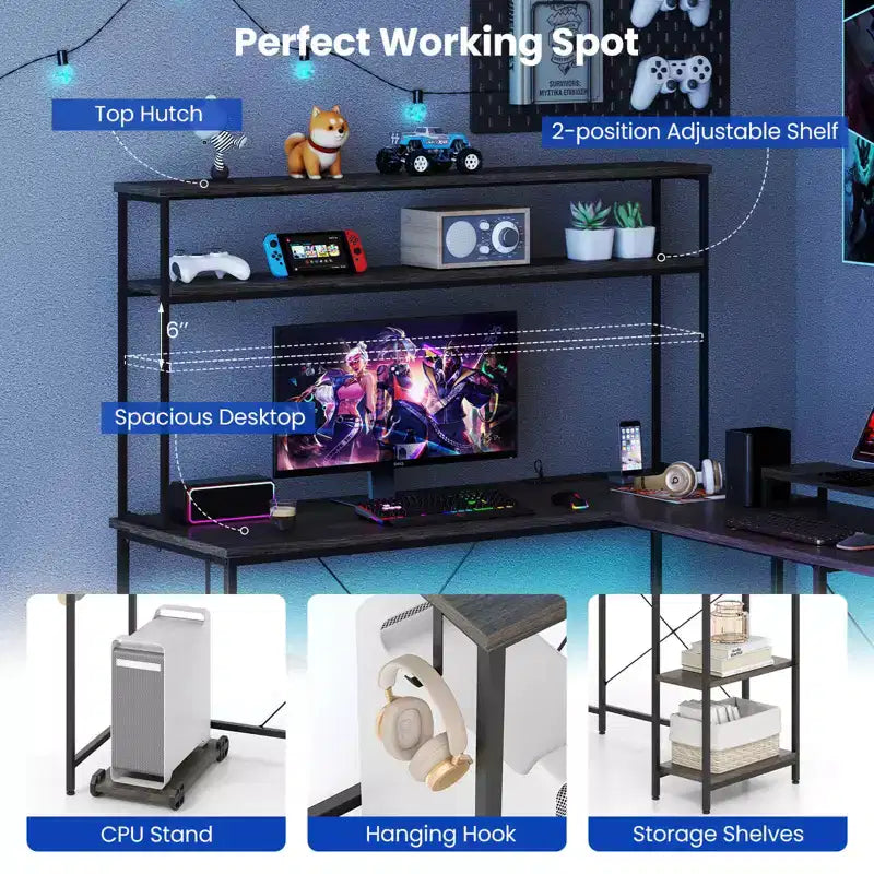 Bureau de jeu en forme de L Costway avec bande LED et prises de courant, étagère supérieure, support d'écran, support de tour d'ordinateur Marron/Noir/Gris