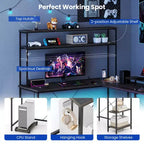 Bureau de jeu en forme de L Costway avec bande LED et prises de courant, étagère supérieure, support d'écran, support de tour d'ordinateur Marron/Noir/Gris