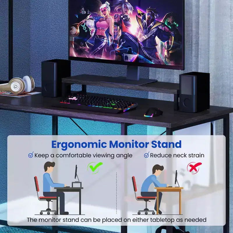 Bureau de jeu en forme de L Costway avec bande LED et prises de courant, étagère supérieure, support d'écran, support de tour d'ordinateur Marron/Noir/Gris