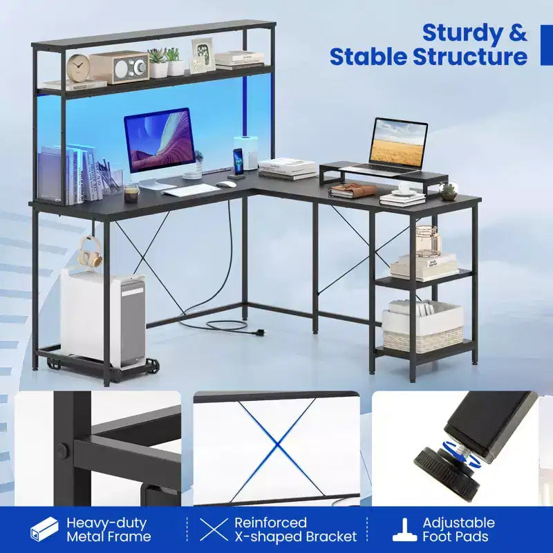 Bureau de jeu en forme de L Costway avec bande LED et prises de courant, étagère supérieure, support d'écran, support de tour d'ordinateur Marron/Noir/Gris