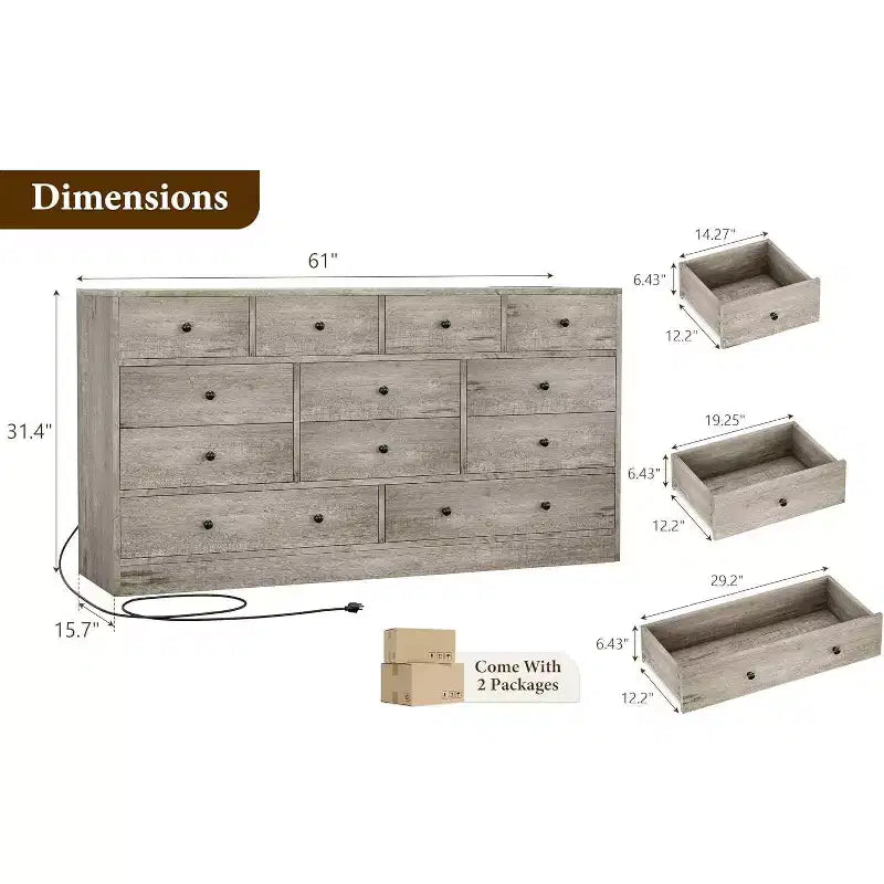 Commode à 12 tiroirs pour chambre à coucher, coffre en bois de 61 po avec prise de courant intégrée, grand organisateur de rangement pour vêtements, salon, couloir ou bureau