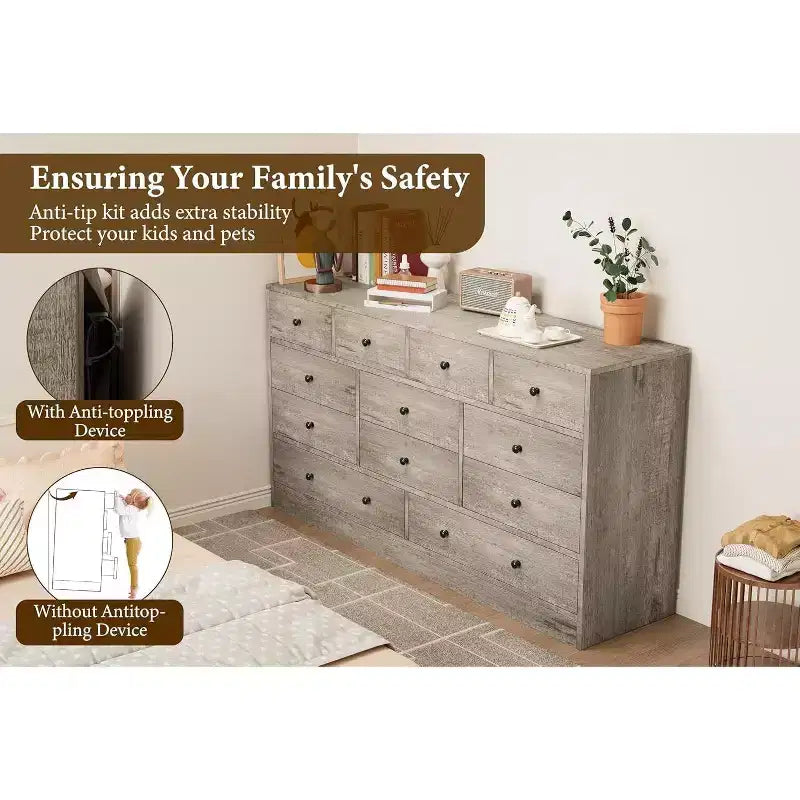 Commode à 12 tiroirs pour chambre à coucher, coffre en bois de 61 po avec prise de courant intégrée, grand organisateur de rangement pour vêtements, salon, couloir ou bureau
