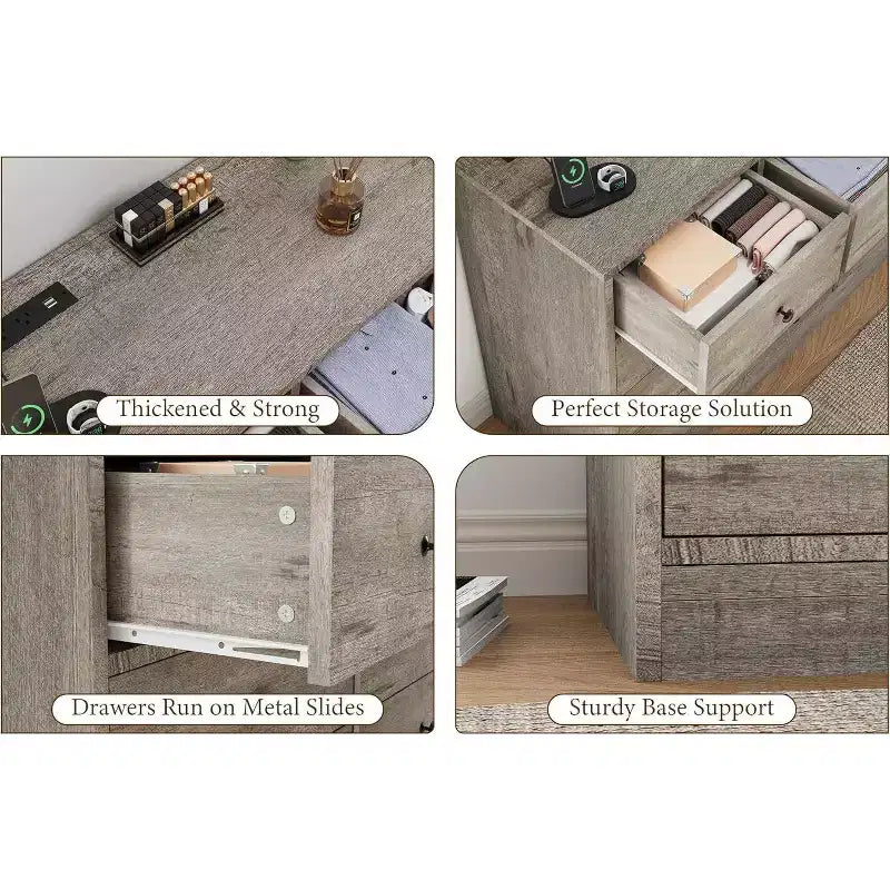 Commode à 12 tiroirs pour chambre à coucher, coffre en bois de 61 po avec prise de courant intégrée, grand organisateur de rangement pour vêtements, salon, couloir ou bureau