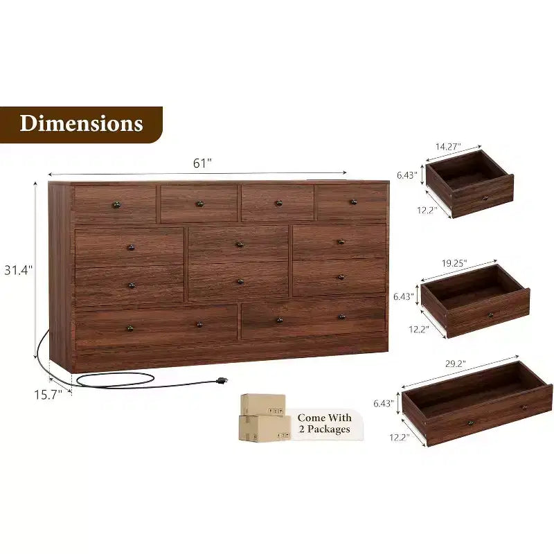 Commode à 12 tiroirs pour chambre à coucher, coffre en bois de 61 po avec prise de courant intégrée, grand organisateur de rangement pour vêtements, salon, couloir ou bureau