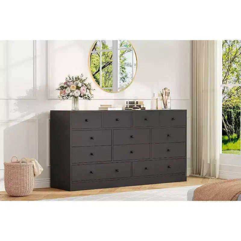 Commode à 12 tiroirs pour chambre à coucher, coffre en bois de 61 po avec prise de courant intégrée, grand organisateur de rangement pour vêtements, salon, couloir ou bureau