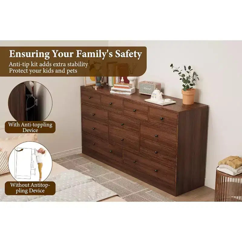 Commode à 12 tiroirs pour chambre à coucher, coffre en bois de 61 po avec prise de courant intégrée, grand organisateur de rangement pour vêtements, salon, couloir ou bureau