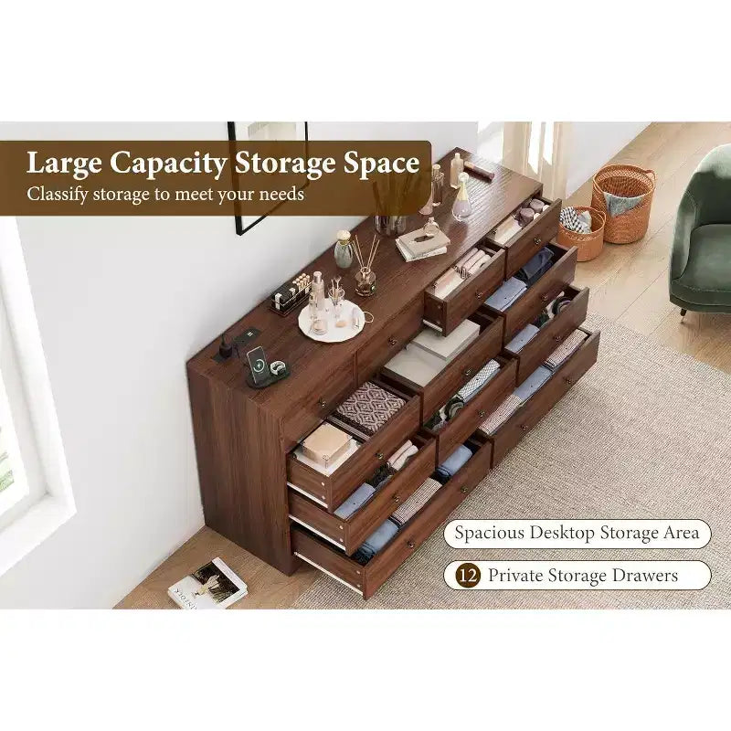 Commode à 12 tiroirs pour chambre à coucher, coffre en bois de 61 po avec prise de courant intégrée, grand organisateur de rangement pour vêtements, salon, couloir ou bureau