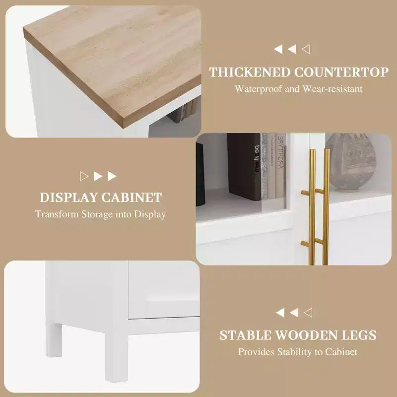 Grand buffet-bahut de 55" avec 4 portes vitrées et étagères, table de rangement de style ferme moderne pour cuisine, salle à manger, salon, couloir