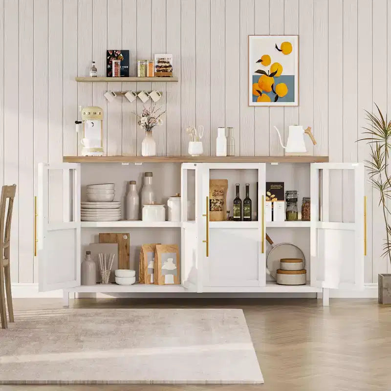 Grand buffet-bahut de 55" avec 4 portes vitrées et étagères, table de rangement de style ferme moderne pour cuisine, salle à manger, salon, couloir